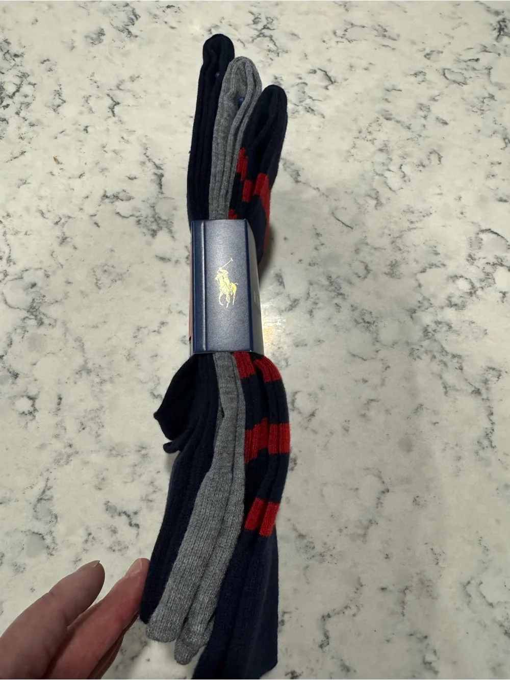 Polo by Ralph Lauren Men's Navy & Red Striped, Gray and Navy Crew Socks 3pack